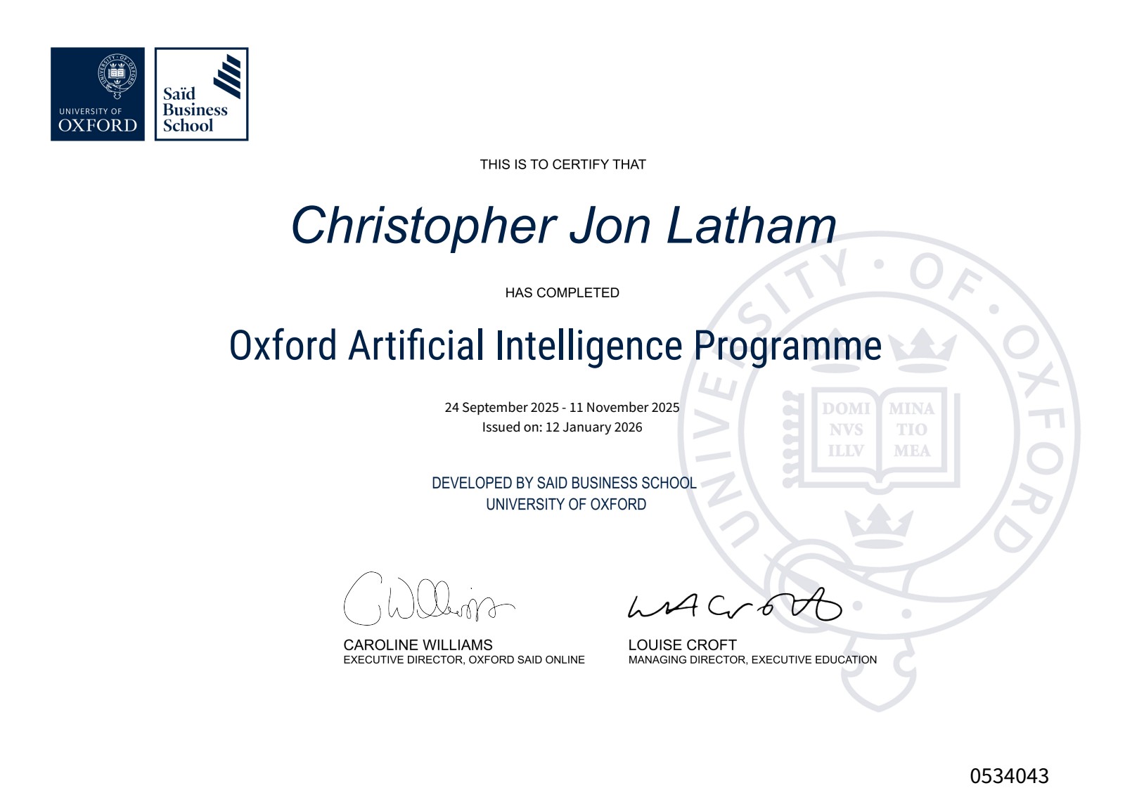 Chris Latham, certificate of completion, Oxford Artificial Intelligence Programme, Said Business School